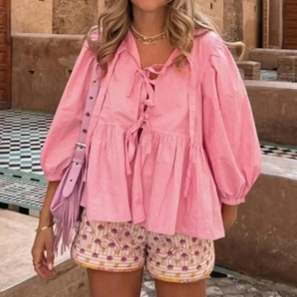 Pink Cute Women's Plain & Daily Wear Tie-Up Shirt - Picture 2 of 4